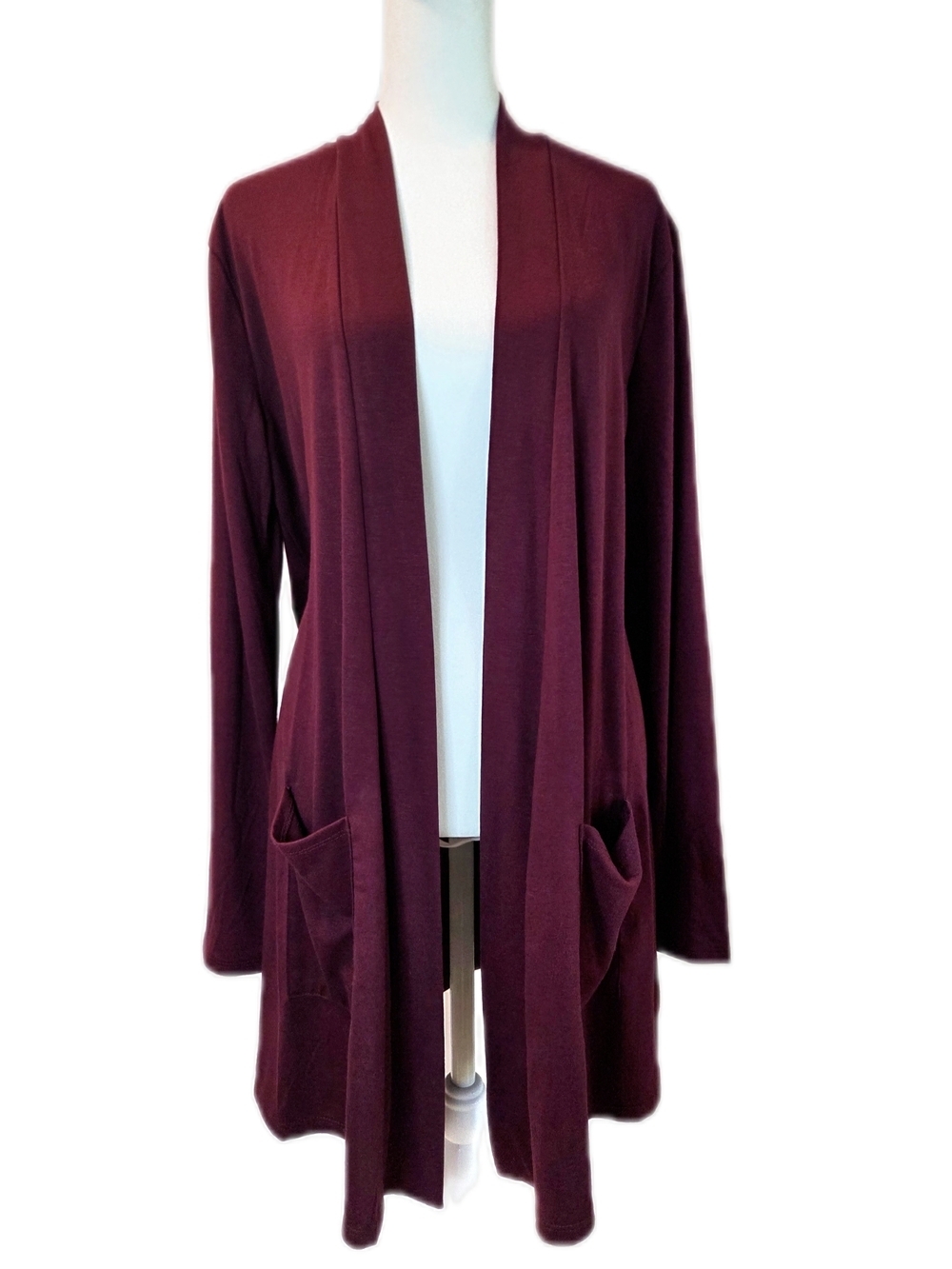 Women's Open-Front Burgundy Cardigan with Pockets Large